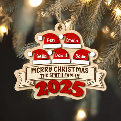 Merry Christmas Family Santa Hat - Personalized Wooden Ornament 2 Layer, Family Ornament