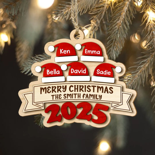 Merry Christmas Family Santa Hat - Personalized Wooden Ornament 2 Layer, Family Ornament