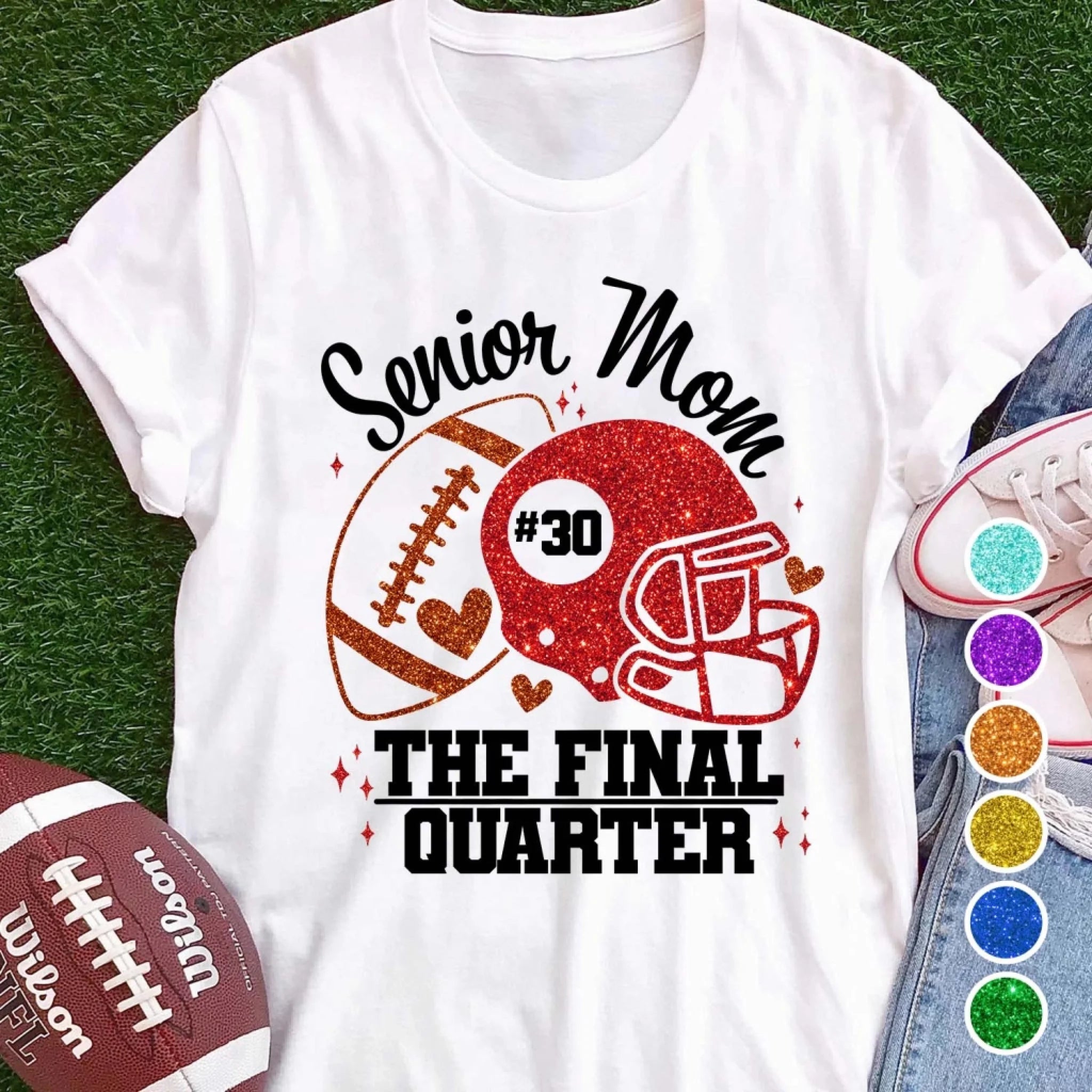Football Senior Mom - Personalized T-Shirt, Gift for Football Mom/Grandma, Glitter Football Family Shirt