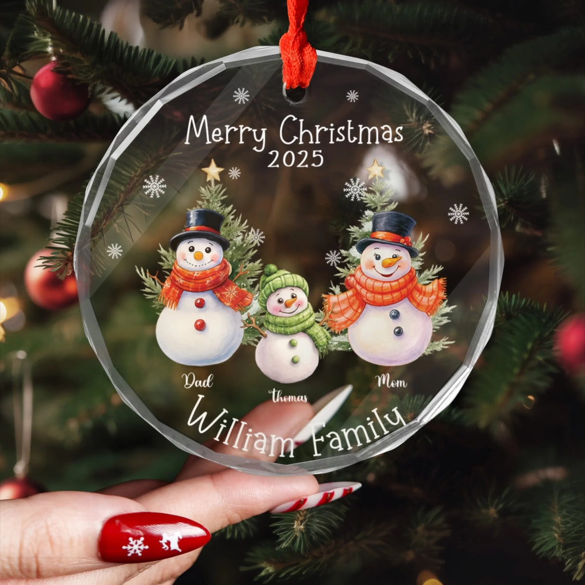 Merry Christmas Snowman Family - Personalized Glass Ornament, Gift For Family