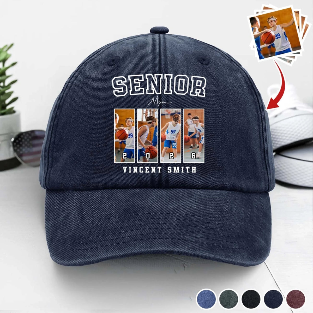 Custom Senior Football Mama - Personalized Vintage Washed Denim Baseball Cap, Football Mom/Dad/Grandma Cap
