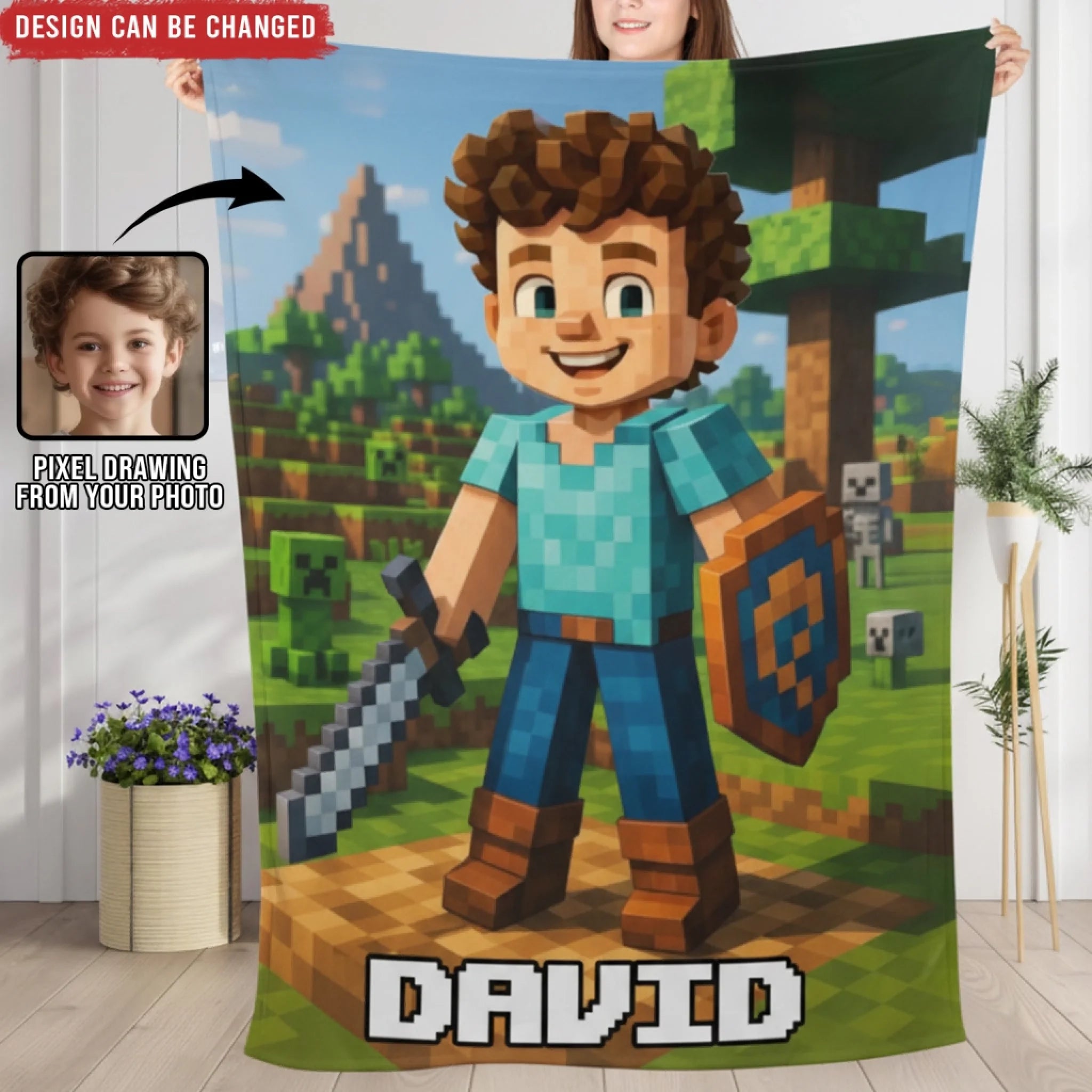 Pixel-Style Custom Photo - Personalized Blanket, Christmas Gift For Kids, Game Lover Gift for Kids/Boys/Son