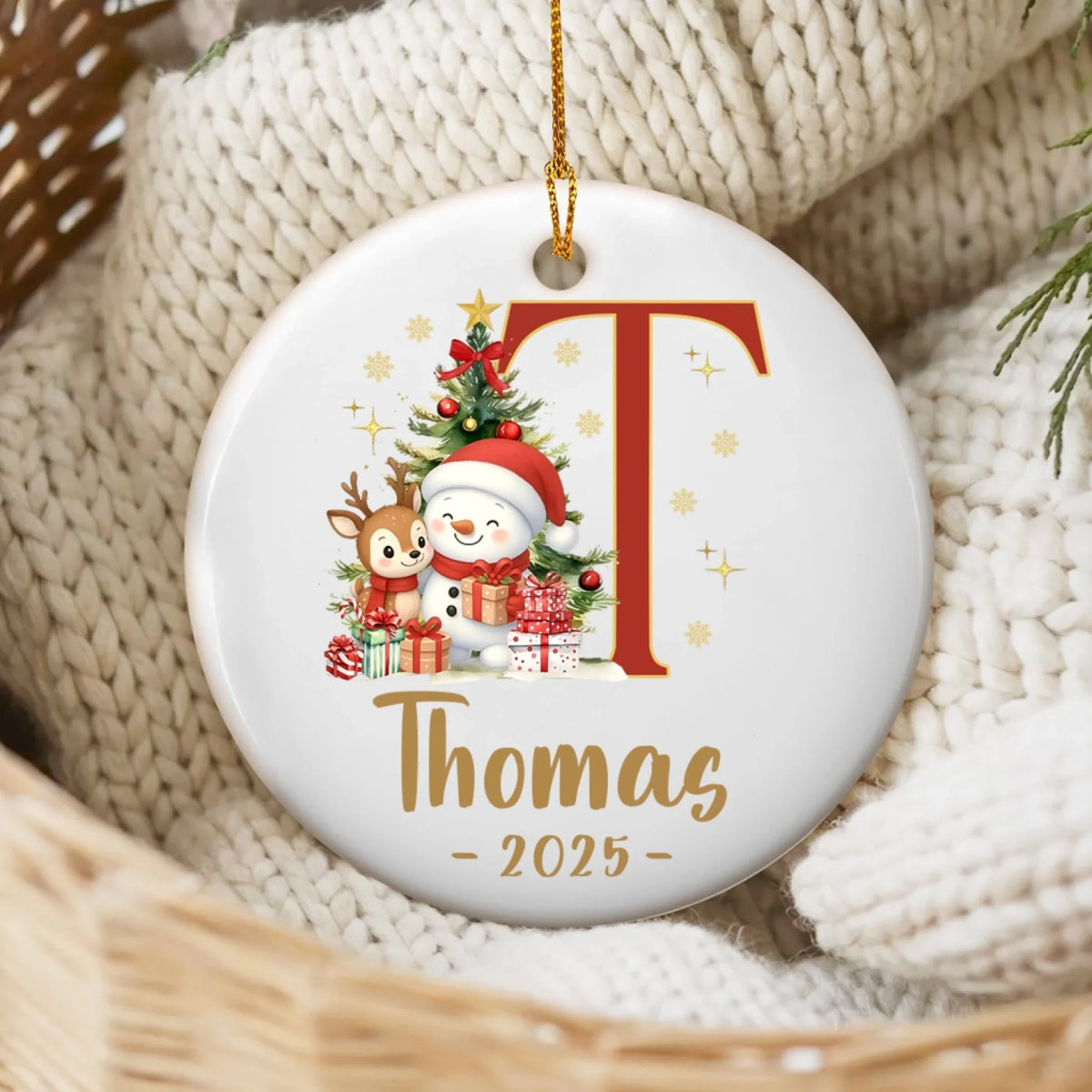 Custom Name & Initial With Snowman and Reindeer mk 3