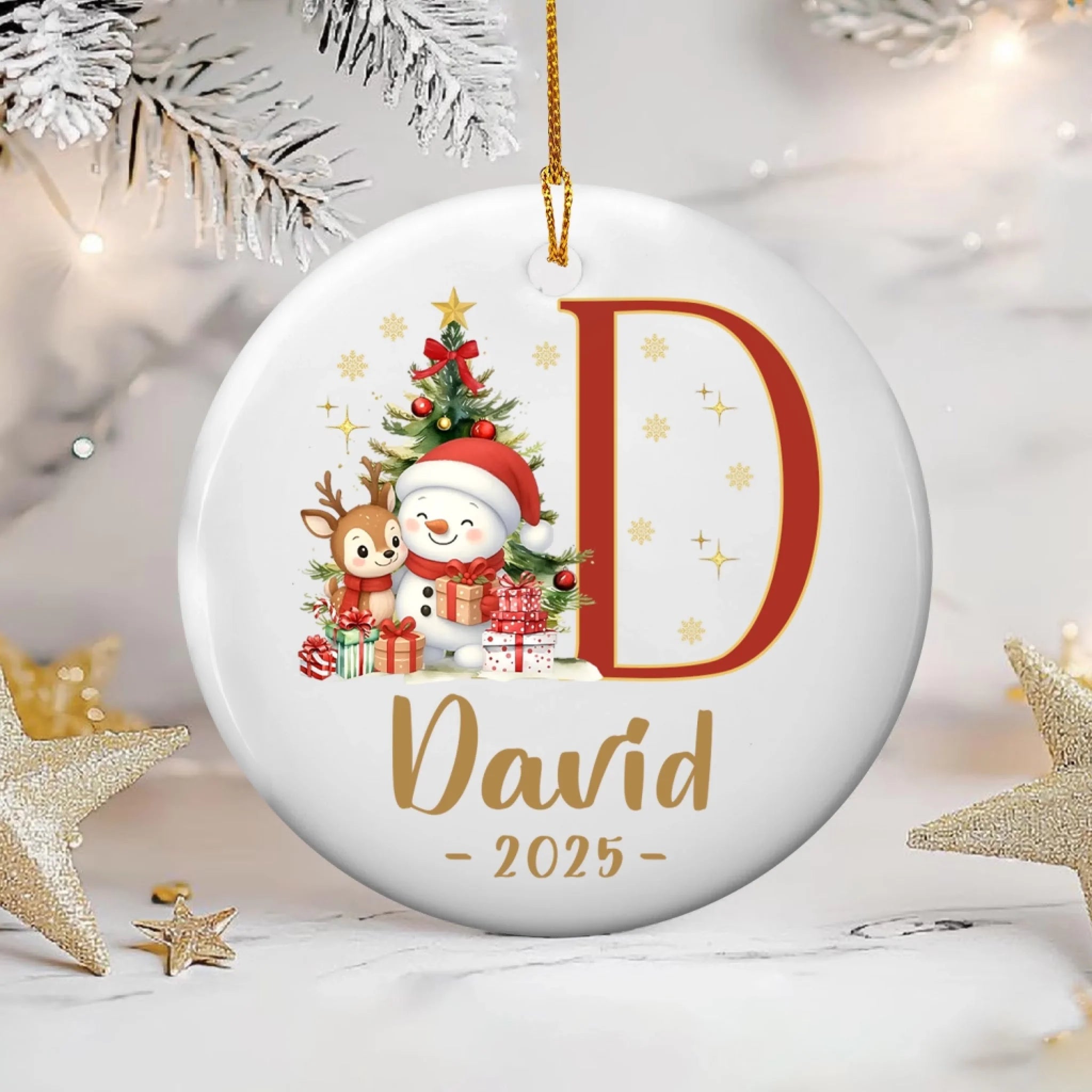 Custom Name & Initial With Snowman and Reindeer mk 2