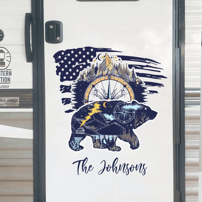 Camping Flag Bear And Mountains - Personalized Decal, Camping Gift For Camping Lovers - CF-PCD131