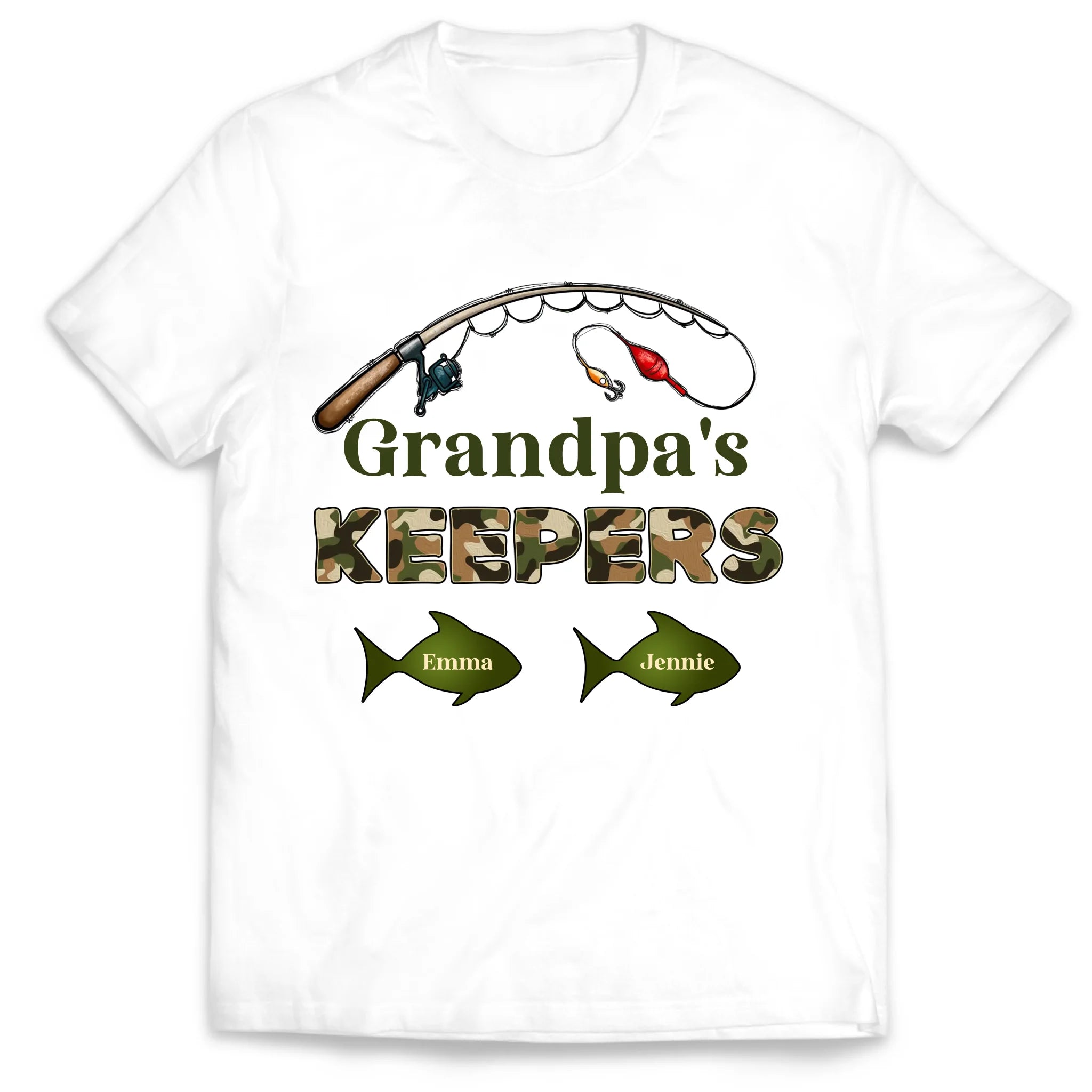 Grandpa‘s Keepers Camouflage Pattern Fishing Personalized T-Shirt, Gift For Dad And Kids, Fishing Dad T-Shirt