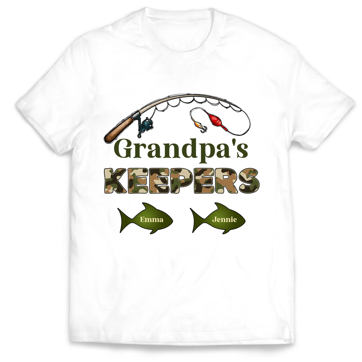 Grandpa‘s Keepers Camouflage Pattern Fishing Personalized T-Shirt, Gift For Dad And Kids, Fishing Dad T-Shirt