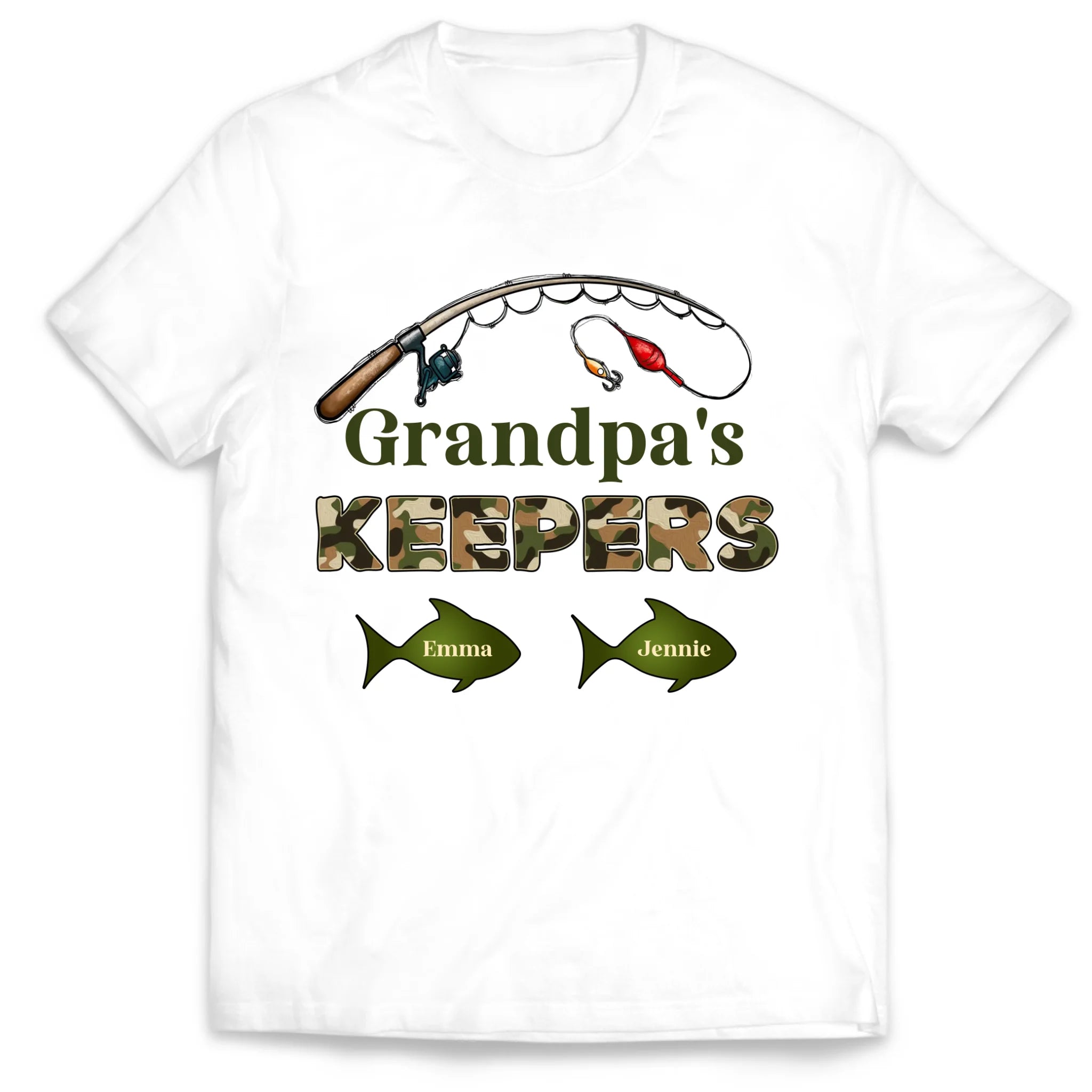 Grandpa‘s Keepers Camouflage Pattern Fishing Personalized T-Shirt, Gift For Dad And Kids, Fishing Dad T-Shirt