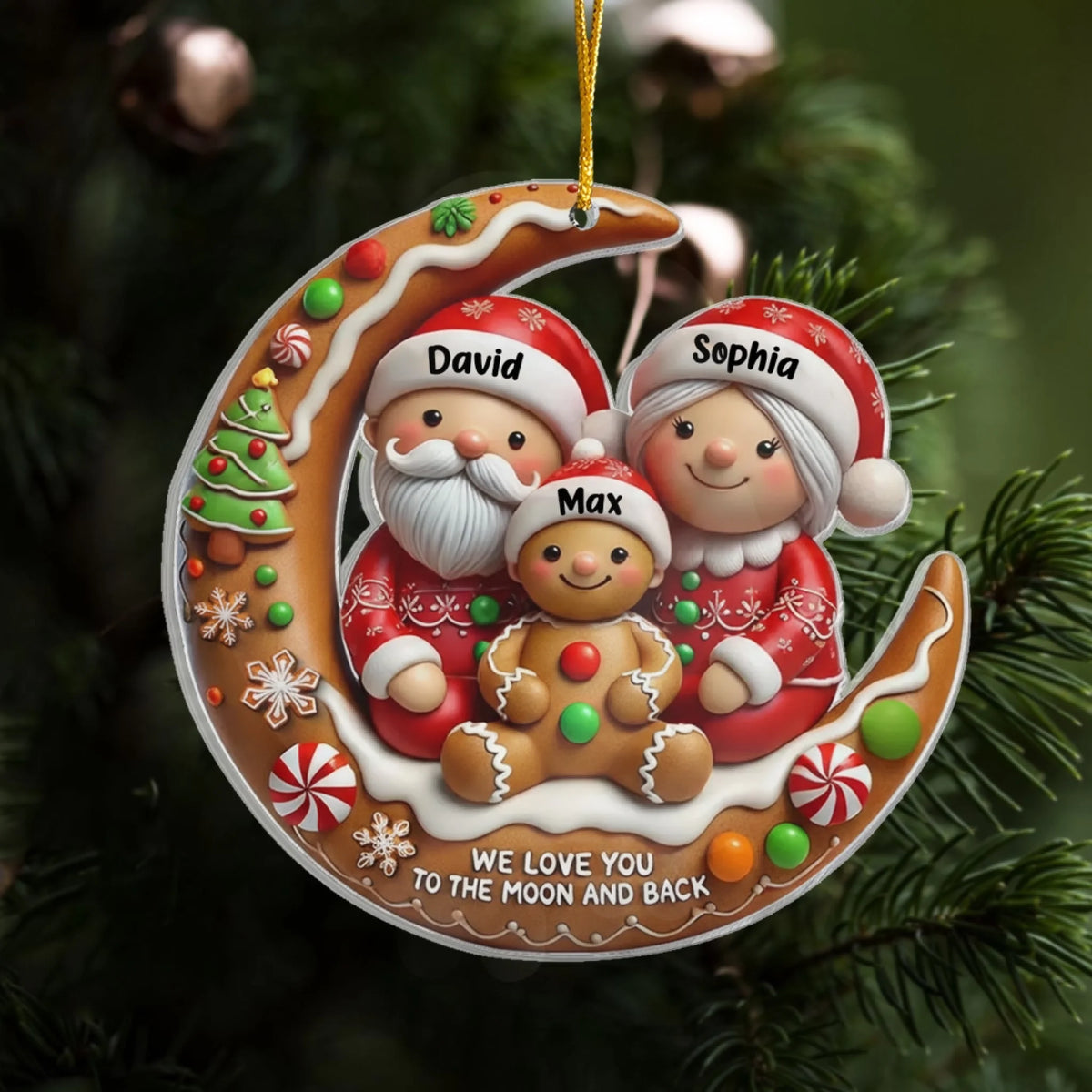 We Love You To The Moon And Back - Personalized Acrylic Ornament, Gingerbread Family Ornament, Family Gift