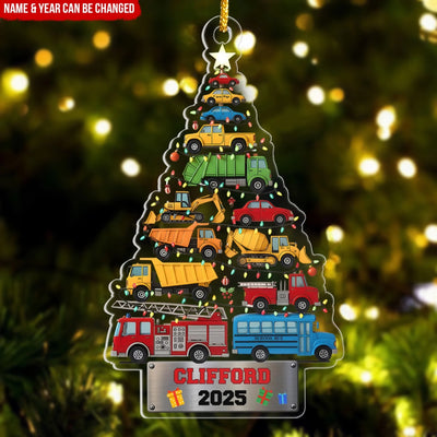 Trucks Christmas Tree With Name - Personalized Acrylic Ornament, Gift For Kids, Acrylic Vehicle Holiday Keepsake