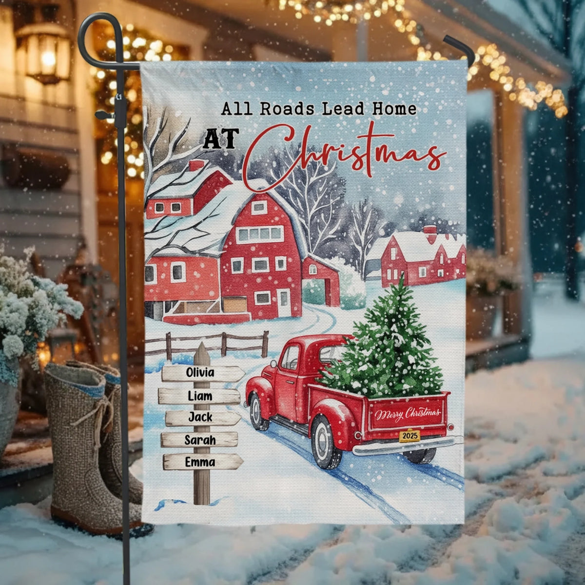 Every Road Leads Us Back To Family At Christmas – Personalized Garden Flag, Gift For Family, Xmas House Decor