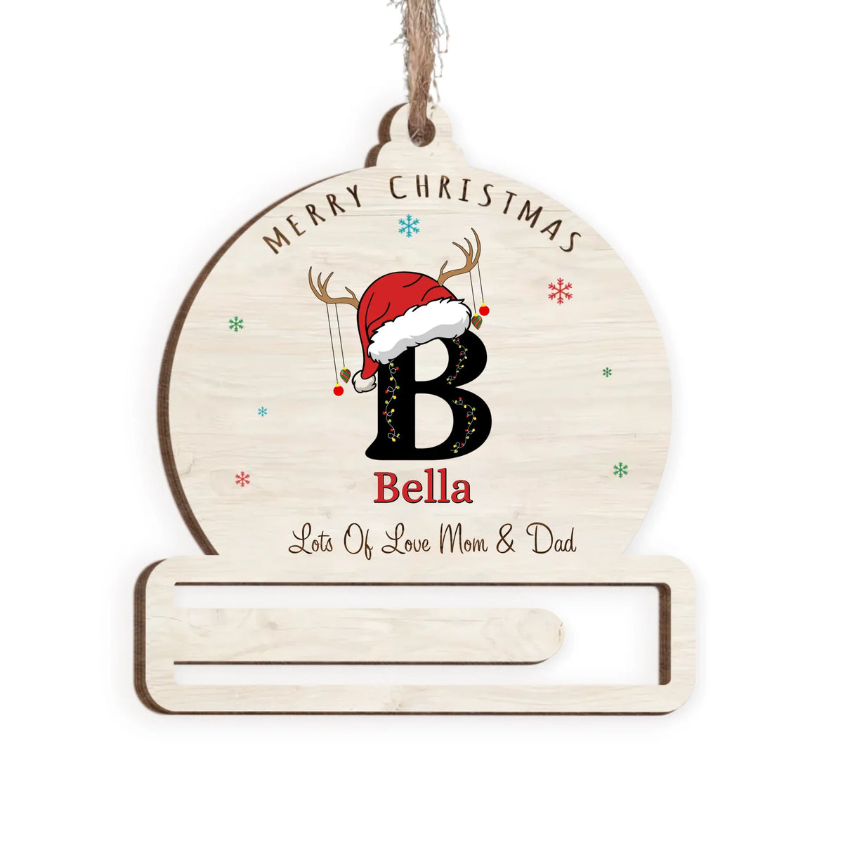Merry Christmas Letter Name Ornament - Personalized Wooden Ornament, Money Holder Ornament, Custom Initial Gift - ORN250
