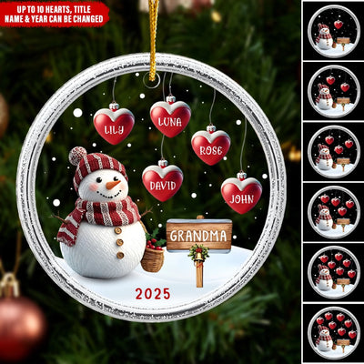 Family Snowman With Sweet Hearts - Personalized Acrylic Ornament , Custom Family Hearts, Gift For Family