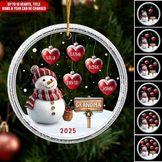 Family Snowman With Sweet Hearts - Personalized Acrylic Ornament , Custom Family Hearts, Gift For Family