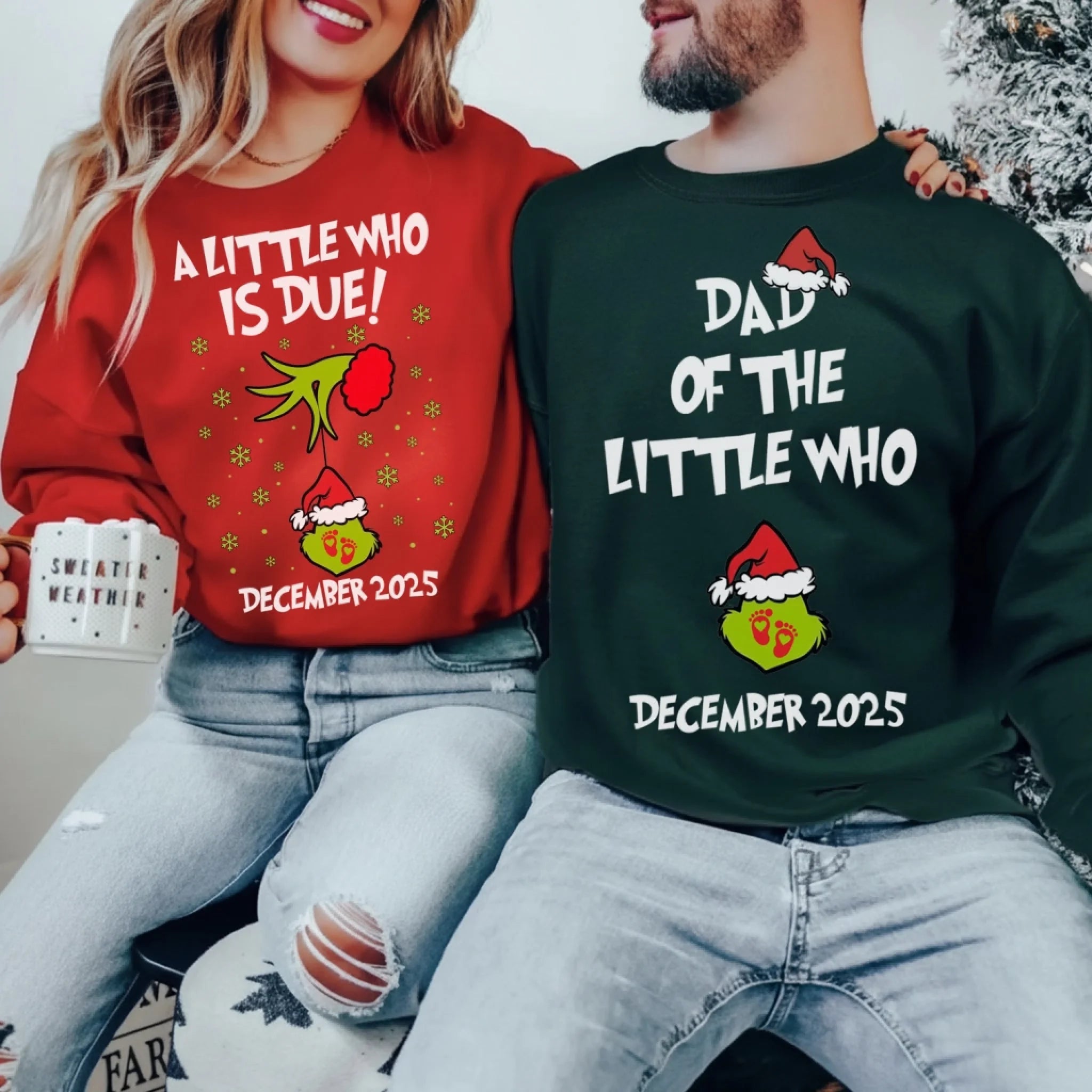 Custom A little Who Is Due Couples Grincmas Pregnancy Announcement - Personalized Sweatshirt, Christmas Maternity shirt, Gift For New Parents