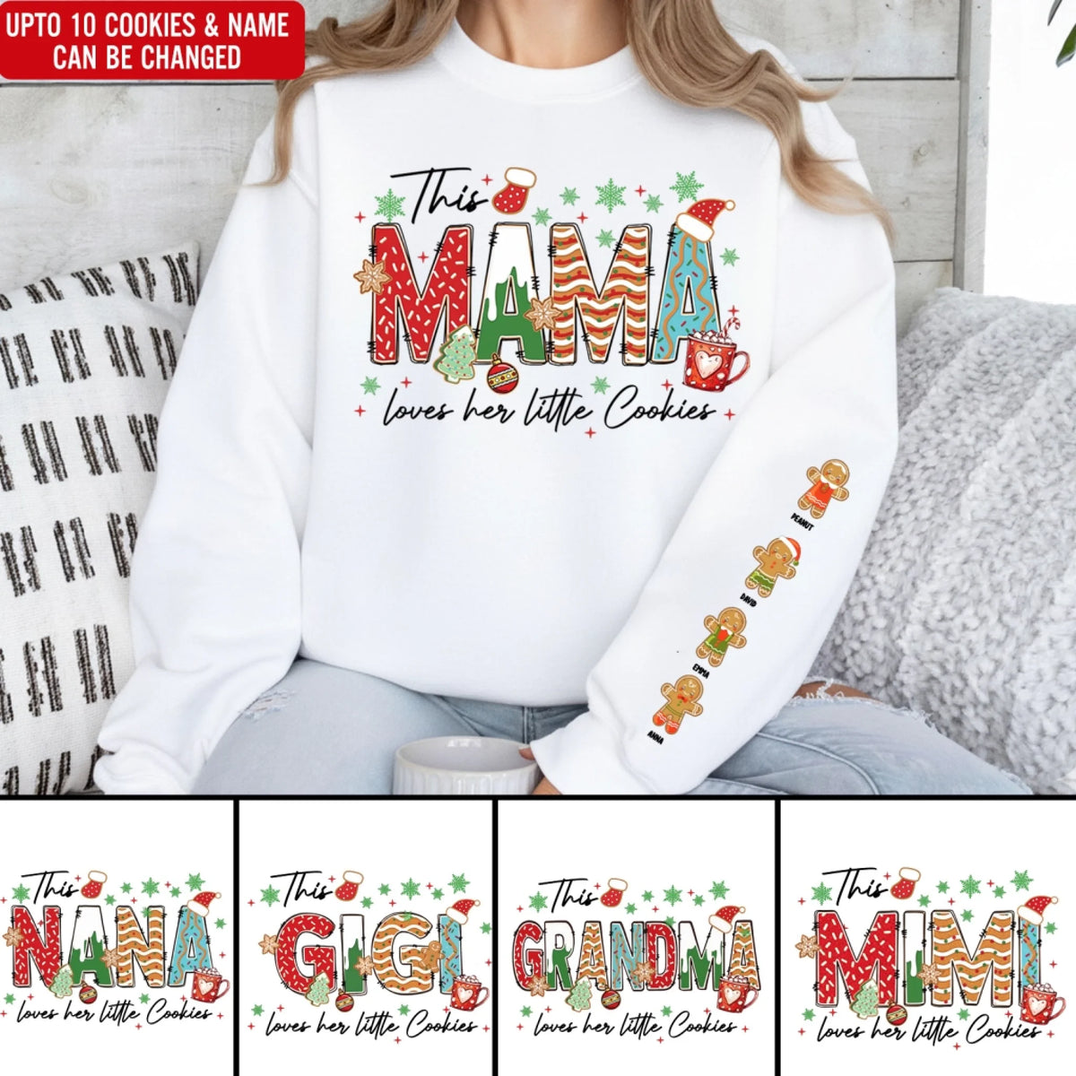 Custom Christmas Mama With Her Little Cookies - Personalized Sleeve Print Sweatshirt, Gift For Grandma