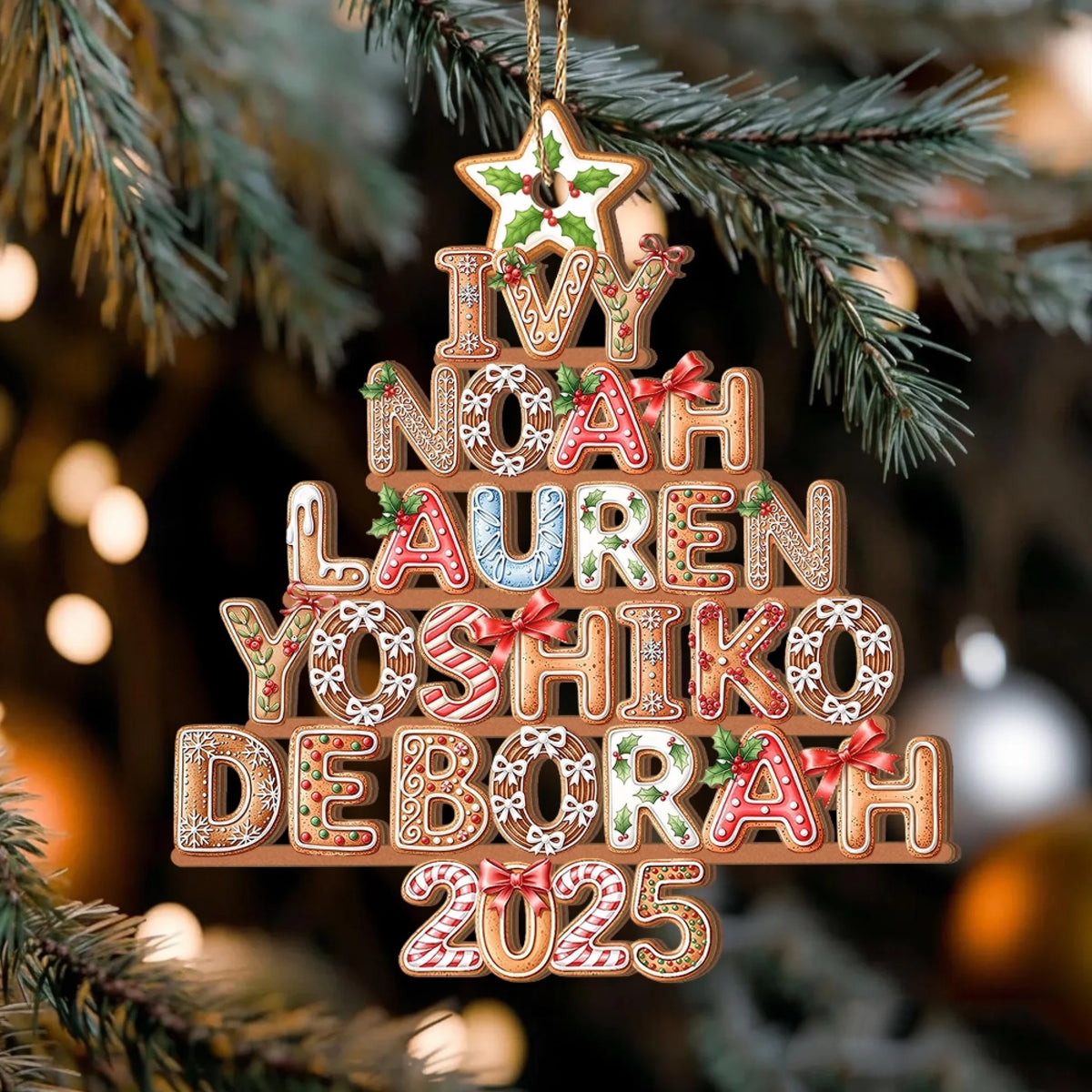 Gingerbread Alphabet With Family Name - Personalized Wooden Ornament, Gift For Family