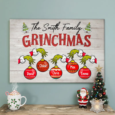 Grinchmas Family With Christmas Ball - Personalized Canvas, Gift For Family, Funny Christmas Gift