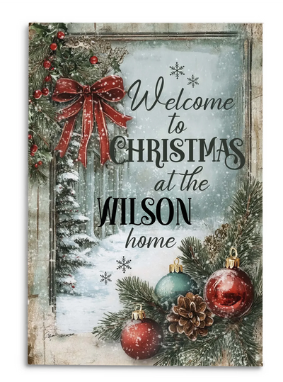 Winter Pines, Welcome To Christmas - Personalized Canvas, Gift For Family, Home Decor