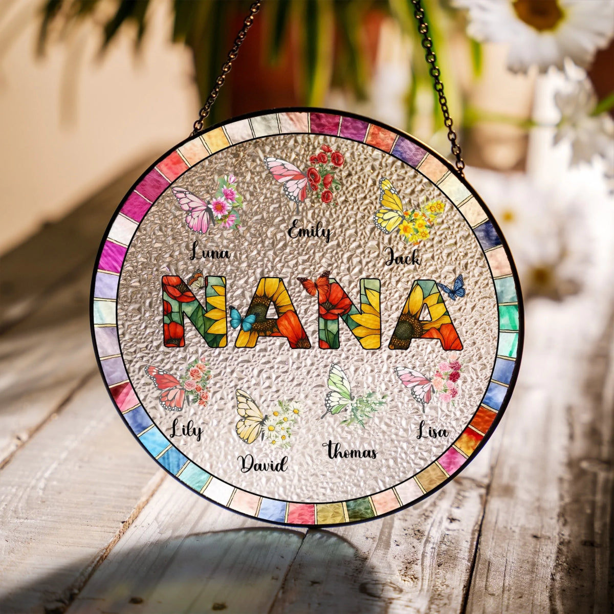 Beautiful Butterflies Surround Nana - Personalized Window Stained Glass, Custom Gift For Grandma, Nana's Home Decor