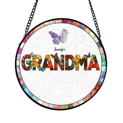 Beautiful Butterflies Surround Nana - Personalized Window Stained Glass, Custom Gift For Grandma, Nana's Home Decor