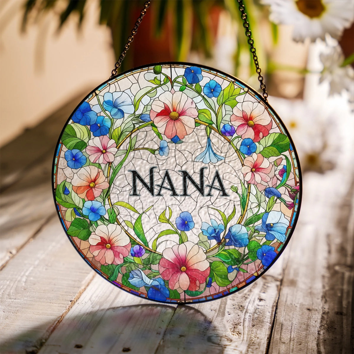 Grandma Floral Stained Glass - Personalized Window Stained Glass, Hanging Suncatcher