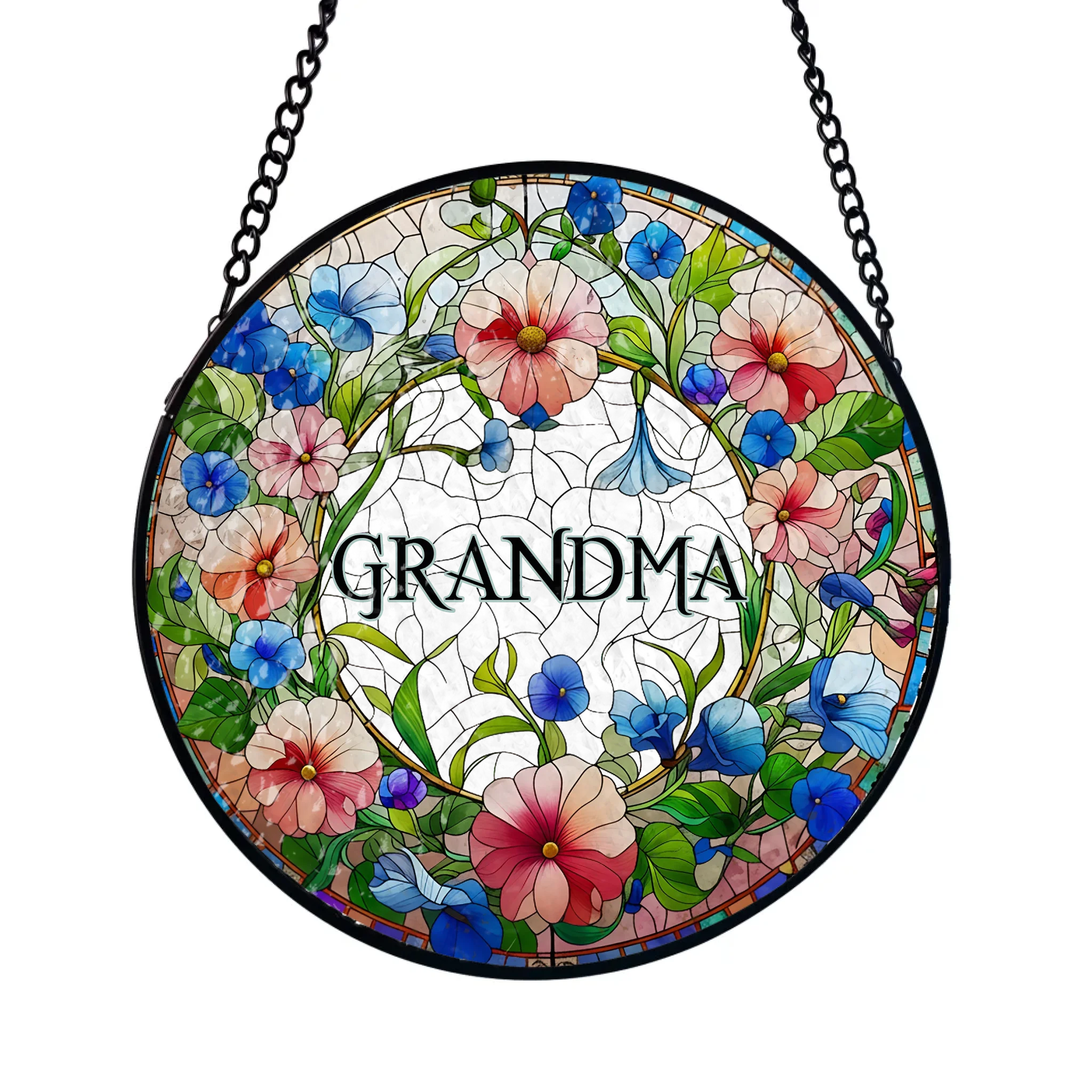 Grandma Floral Stained Glass - Personalized Window Stained Glass, Hanging Suncatcher