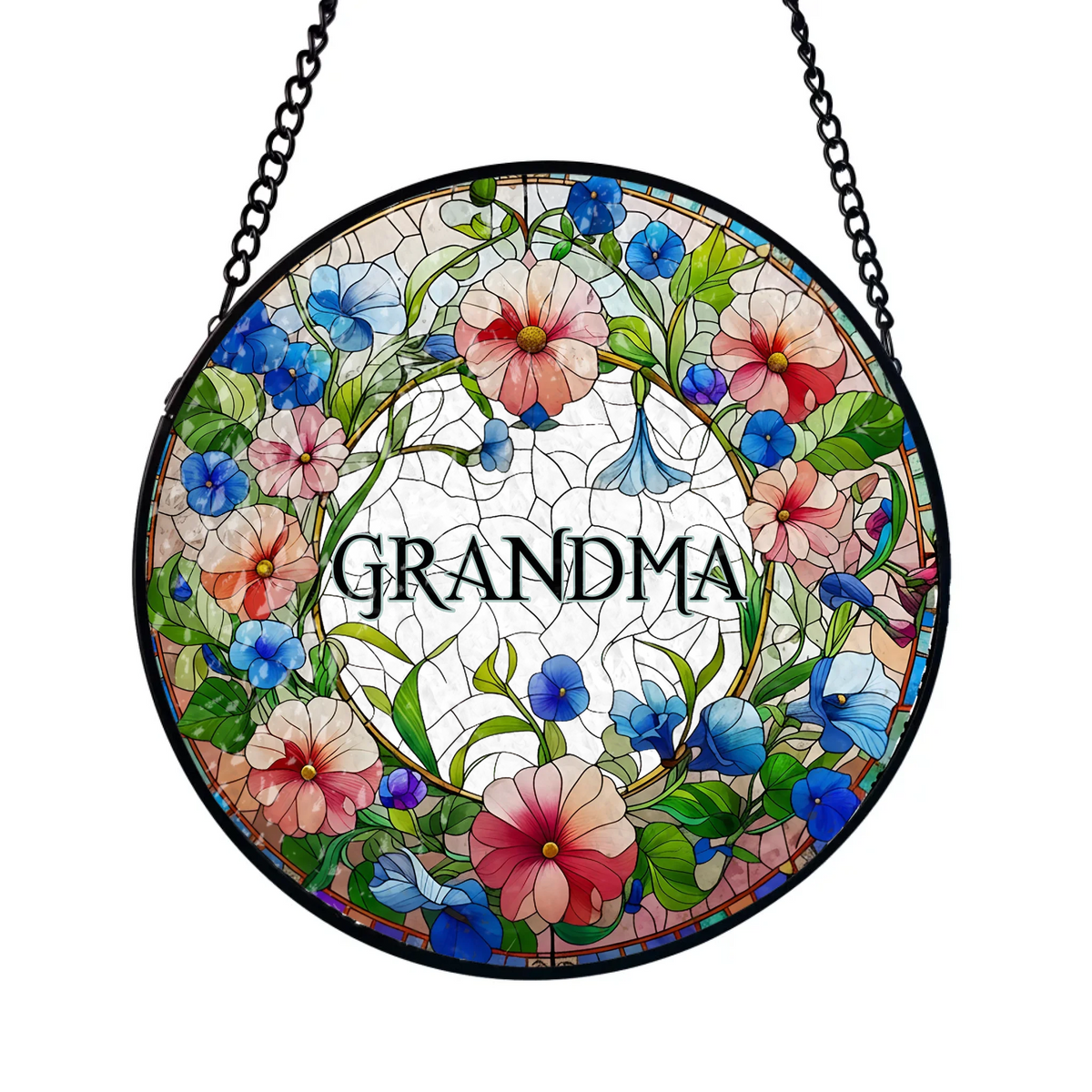 Grandma Floral Stained Glass - Personalized Window Stained Glass, Hanging Suncatcher