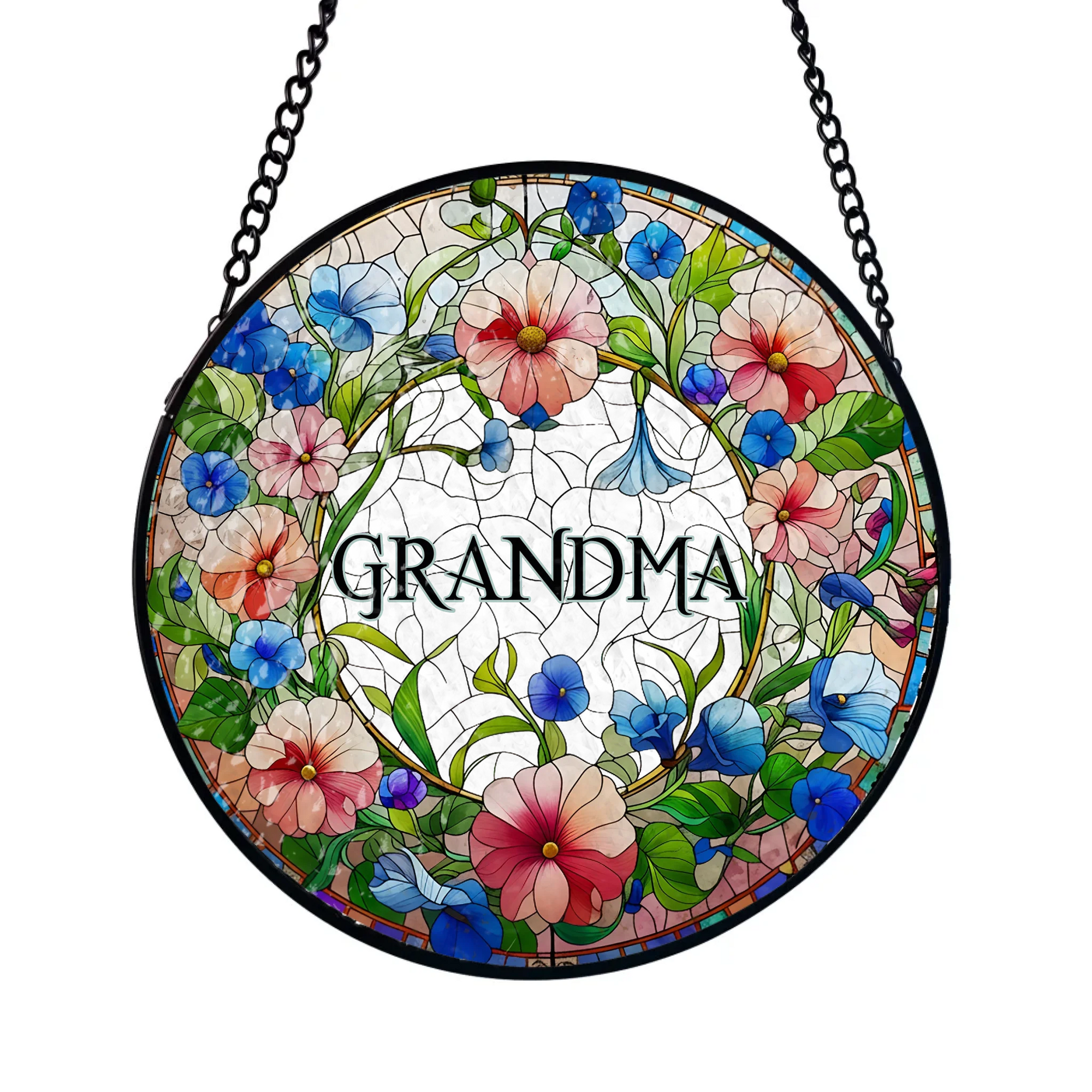 Grandma Floral Stained Glass - Personalized Window Stained Glass, Hanging Suncatcher