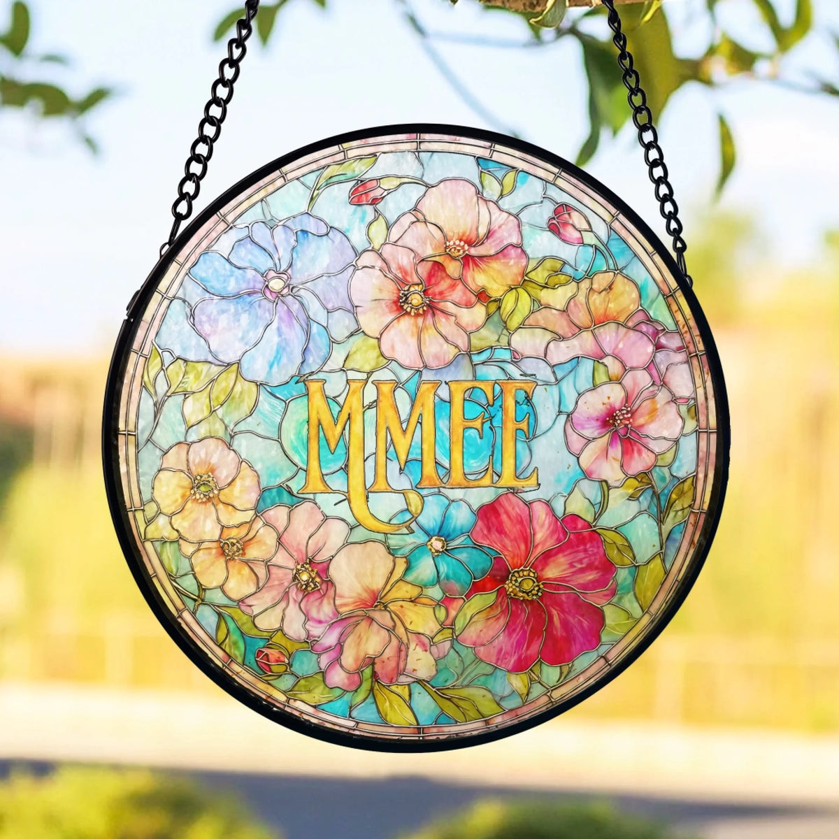 Grandma's Love Shines Brightest - Personalized Window Stained Glass, Custom Grandma Floral Hanging Suncatcher, Gift for Grandma/Mom, Family Gift