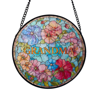Grandma's Love Shines Brightest - Personalized Window Stained Glass, Custom Grandma Floral Hanging Suncatcher, Gift for Grandma/Mom, Family Gift