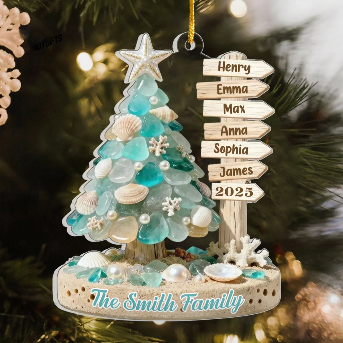 Beach Family Sea Glass Coastal Christmas - Personalized Acrylic Ornament, Gift For Family