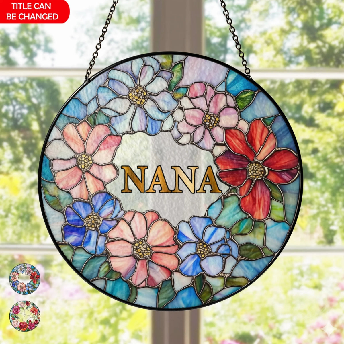 The Best Hugs Are From Nana - Personalized Window Stained Glass, Hanging Suncatcher, Vibrant Stained-Glass Flower Wreath, Family Keepsake Gift.