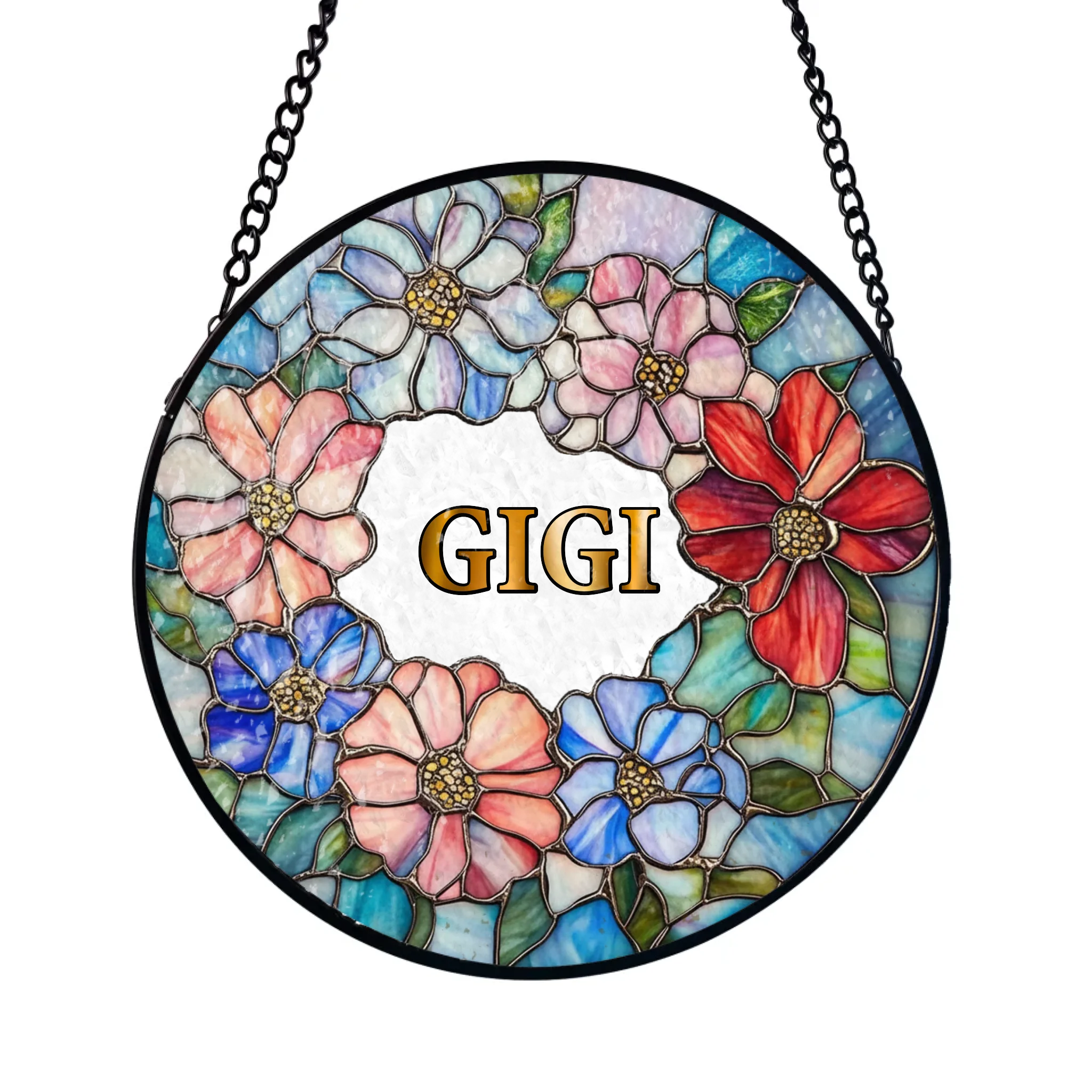 The Best Hugs Are From Nana - Personalized Window Stained Glass, Hanging Suncatcher, Vibrant Stained-Glass Flower Wreath, Family Keepsake Gift.