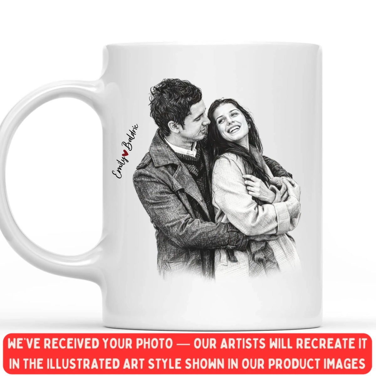 Custom Charcoal Sketch Couple Portrait - Personalized Mug, Couple Drawing Portrait Gift, Romantic Gift For Lover