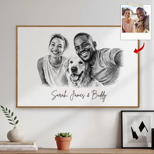 Bound By Love - Personalized Poster, Gift For Couples, Couple And Their Fur Baby Charcoal Portrait From Photo