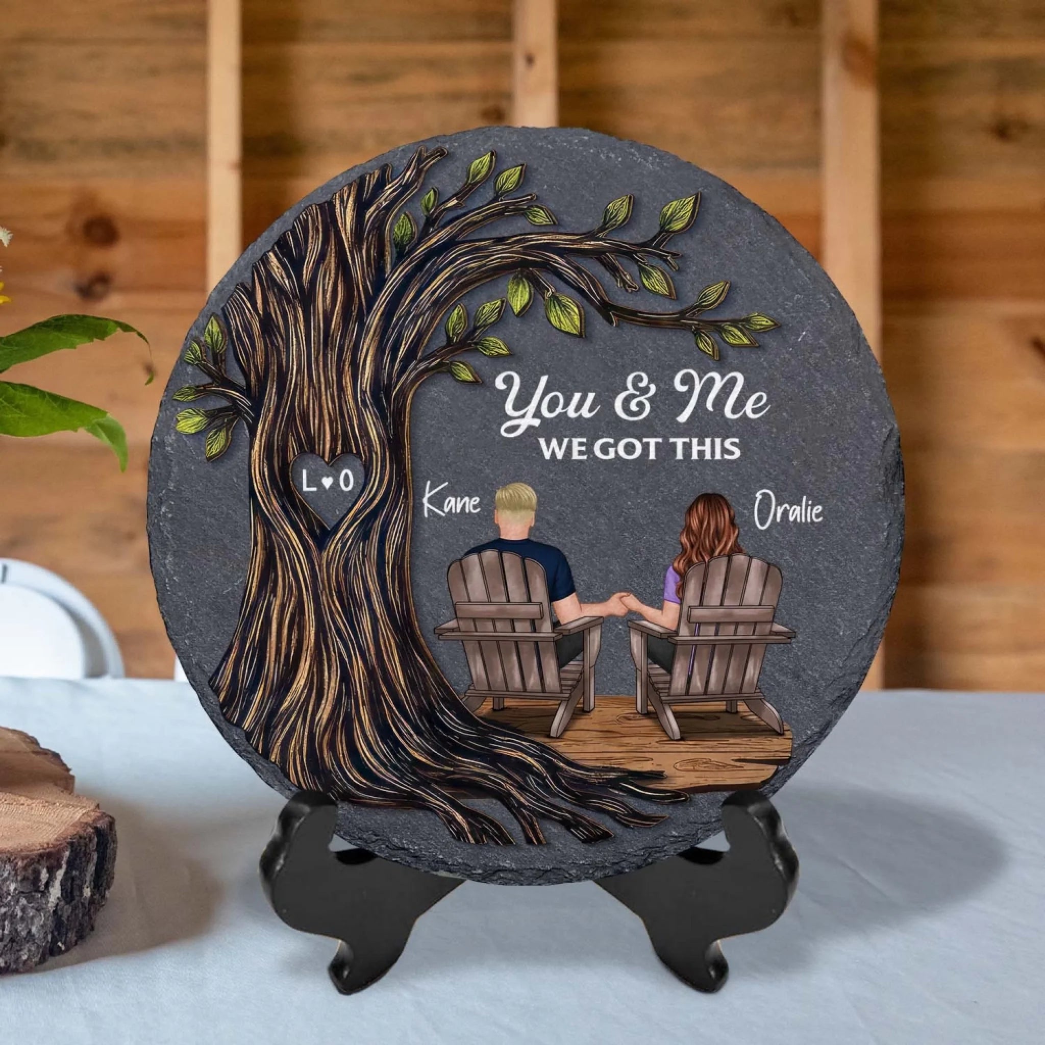 Couple Sitting Under Heart Carved Tree - Personalized Stone, Gift For Couple, Anniversary Gift