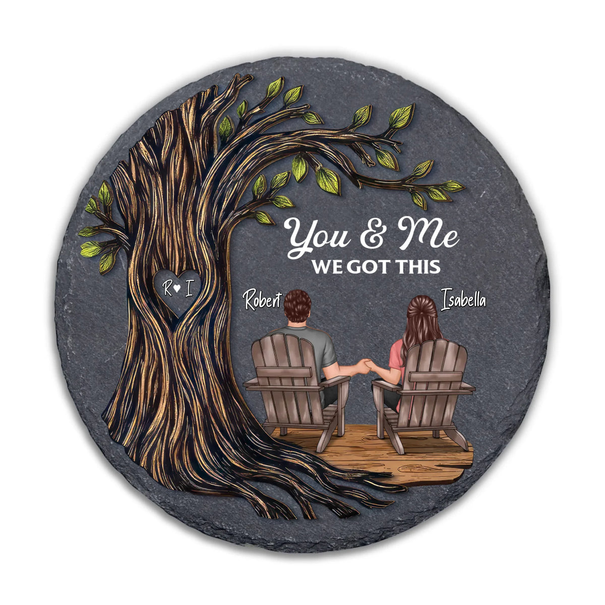 Couple Sitting Under Heart Carved Tree - Personalized Stone, Gift For Couple, Anniversary Gift