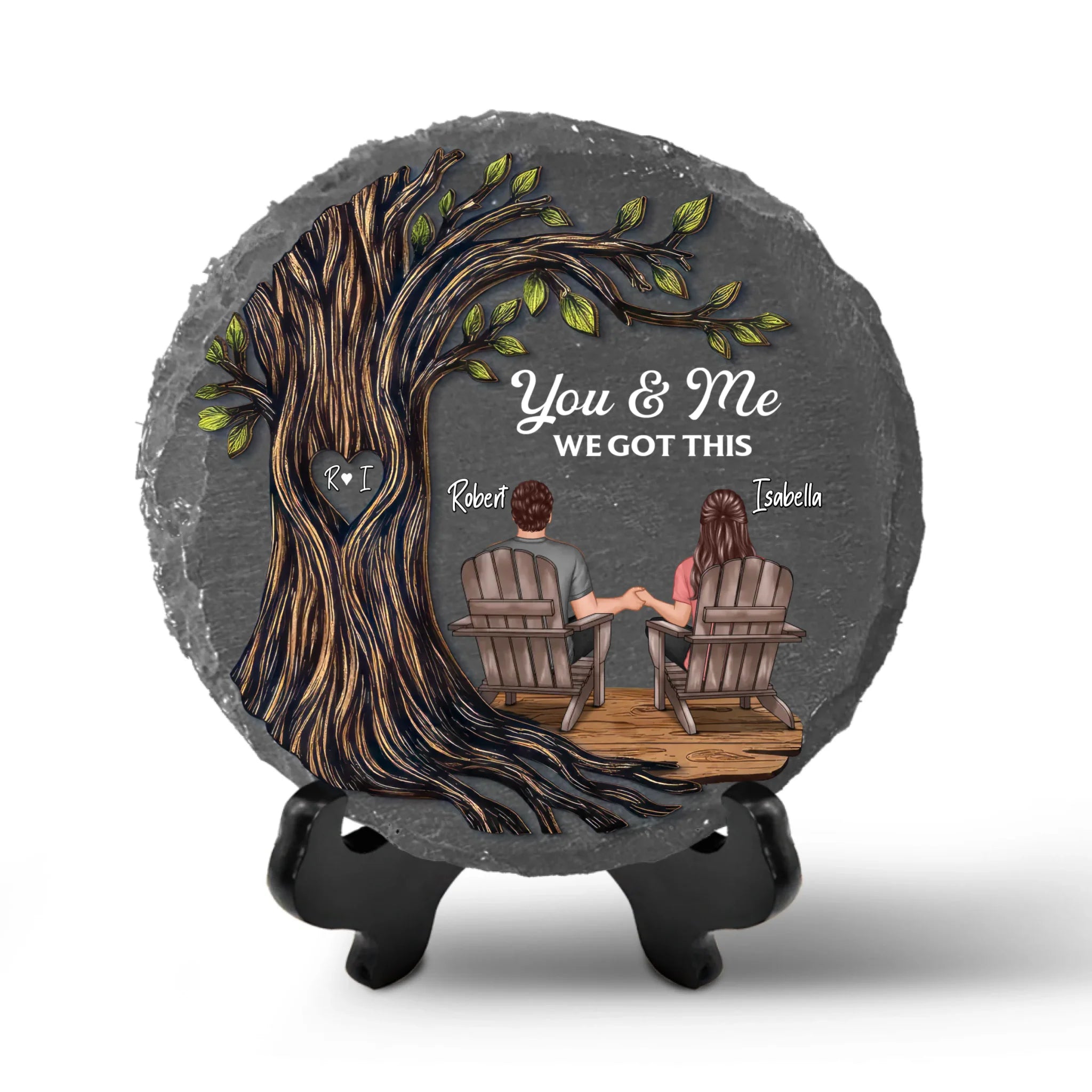 Couple Sitting Under Heart Carved Tree - Personalized Stone, Gift For Couple, Anniversary Gift