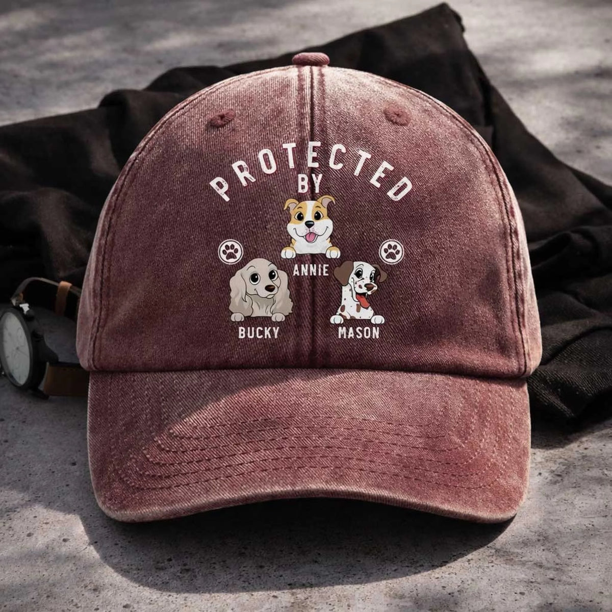 Protected by Love, Loyalty &amp; Paw Prints - Personalized Vintage Washed Denim Baseball Cap, Gift For Dog Owner, Dog Lover Keepsake