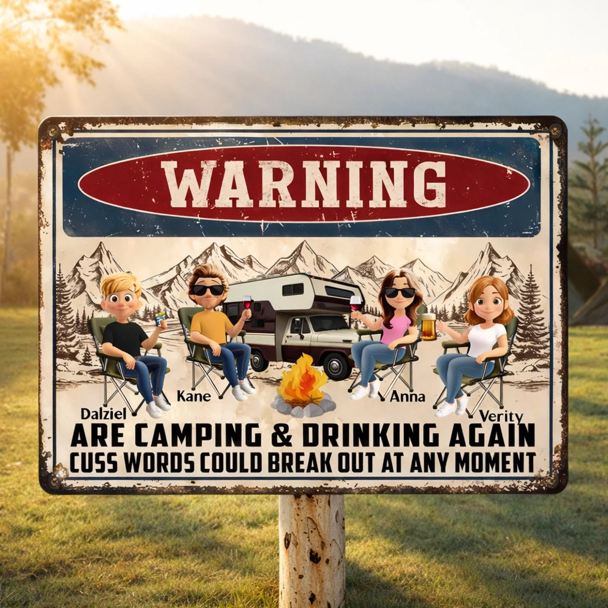 Camping, Drinking & Cuss Words May Occur - Personalized Metal Sign, Gift For Camping Lovers, Funny Camping Gift For Friend Group