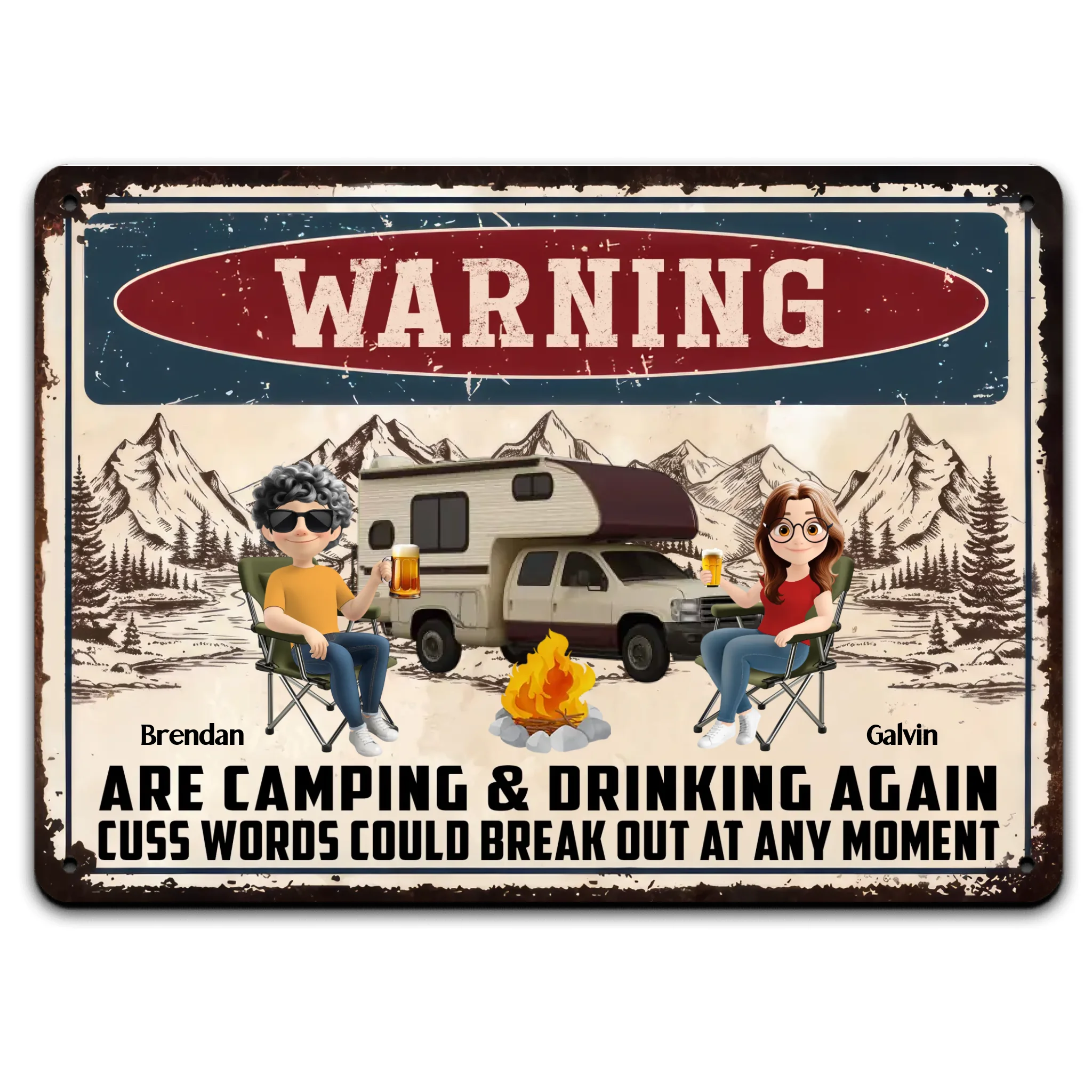 Camping, Drinking & Cuss Words May Occur - Personalized Metal Sign, Gift For Camping Lovers, Funny Camping Gift For Friend Group
