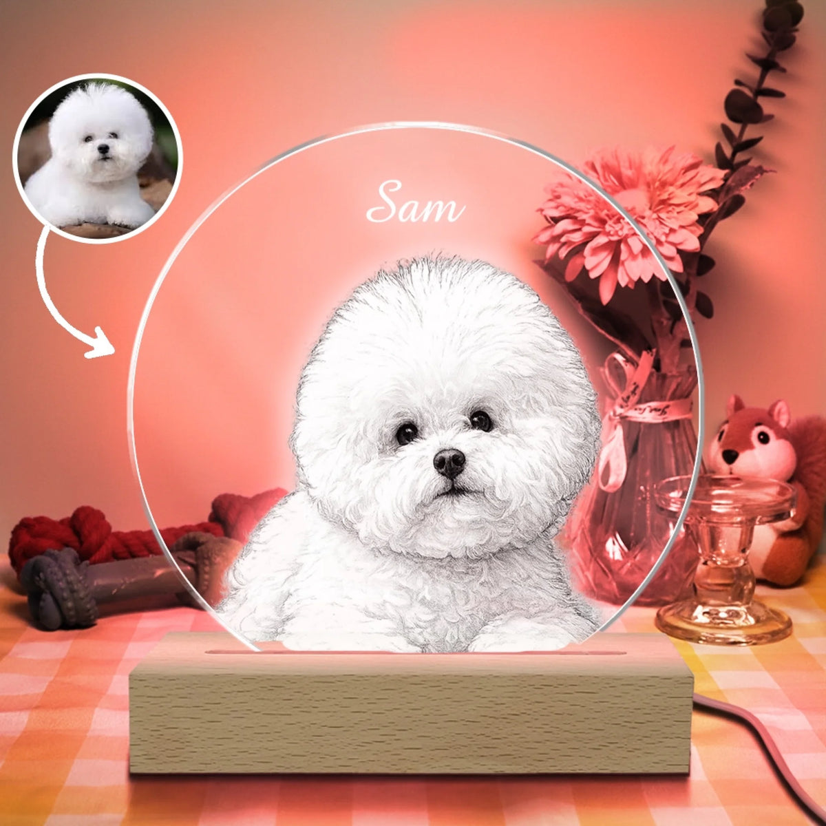 Paw-some Portrait - Personalized Acrylic Night Light, Gift For Pet Lovers, Drawing Portrait From Photo