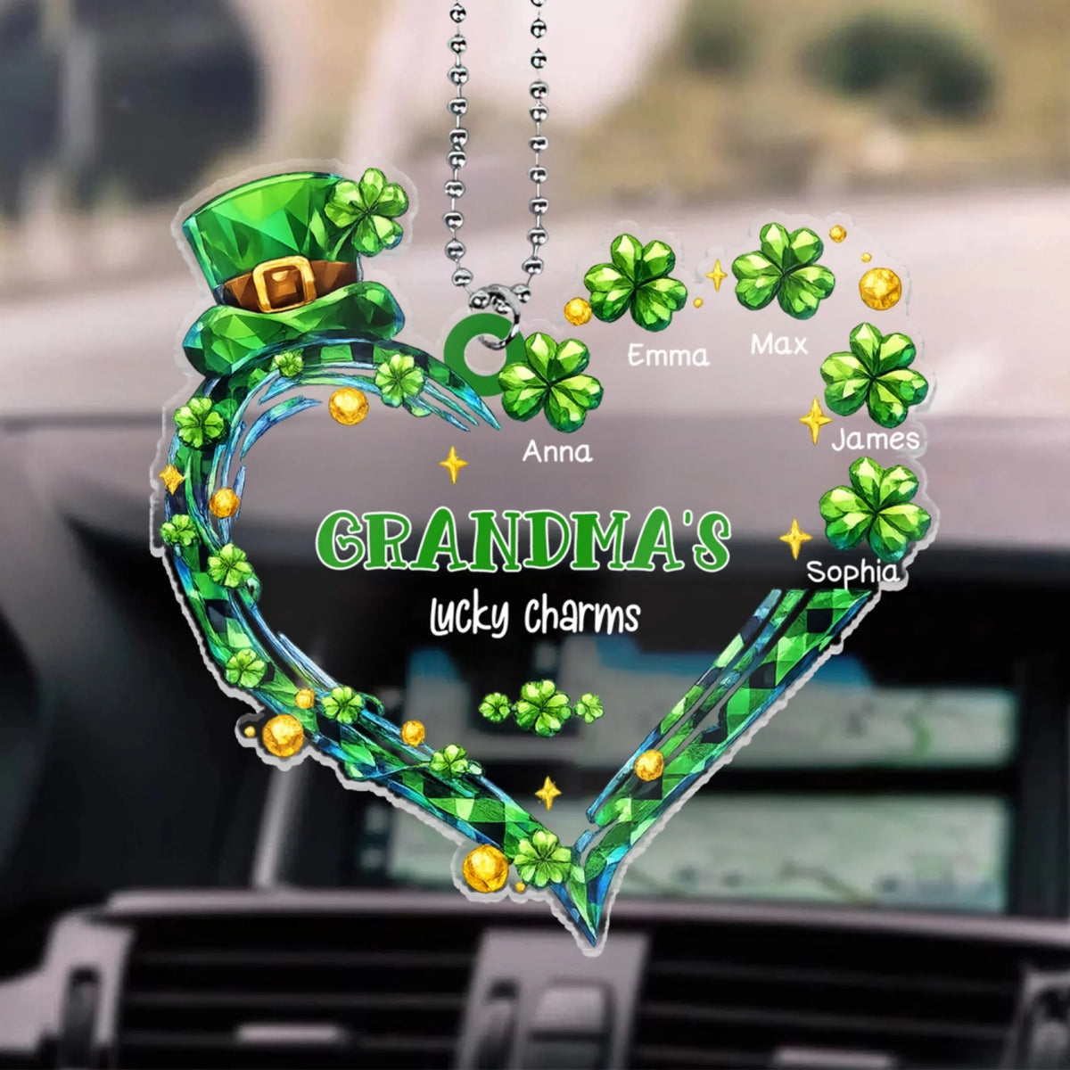 Grandma's Lucky Charms - Personalized Acrylic Car Hanger, Gift For Family, St. Patrick's Day Gift Car Decor