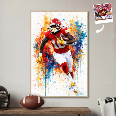 Framed artwork of a football player with colorful abstract design
