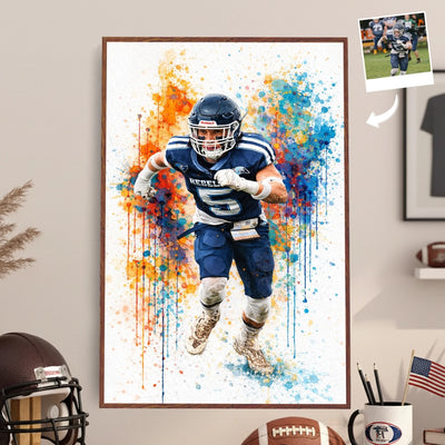 Colorful abstract sports poster of a football player in a room with sports memorabilia.