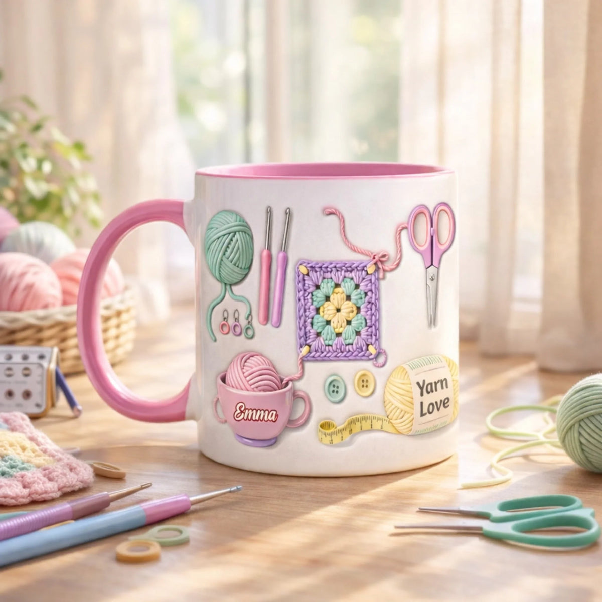 Just One More Row - Personalized Accent Mug, Yarn Lover Mug, Thoughtful Gift for Crochet Mom