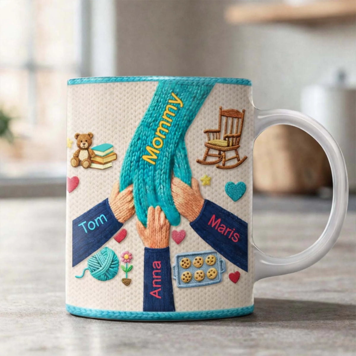 Warm Stitches, Warm Hearts - Personalized Mug, Holding Hand Coffee Cup, Gift for Mom Or Grandma, Knitted Lover Birthday Gift