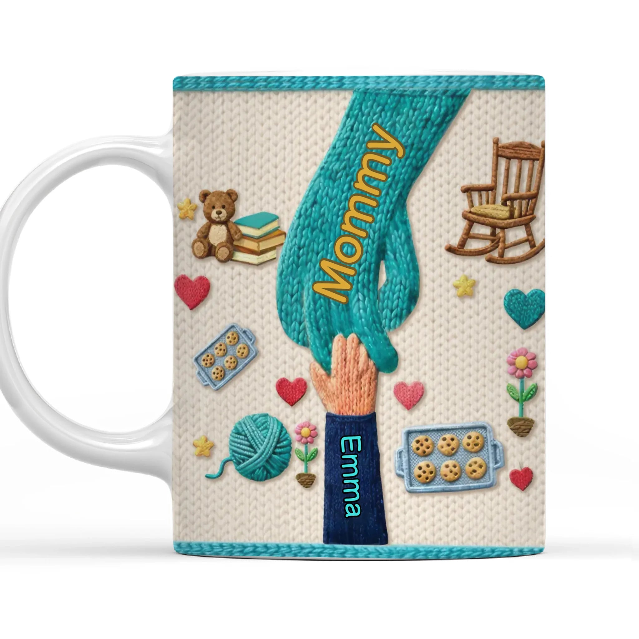Warm Stitches, Warm Hearts - Personalized Mug, Holding Hand Coffee Cup, Gift for Mom Or Grandma, Knitted Lover Birthday Gift