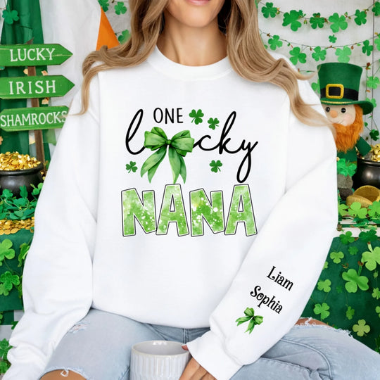 One Lucky Grandma - Personalized Sleeve Print Sweatshirt, Patrick's Day Gift, Grandma Shamrock Clover T Shirt With Kids Names